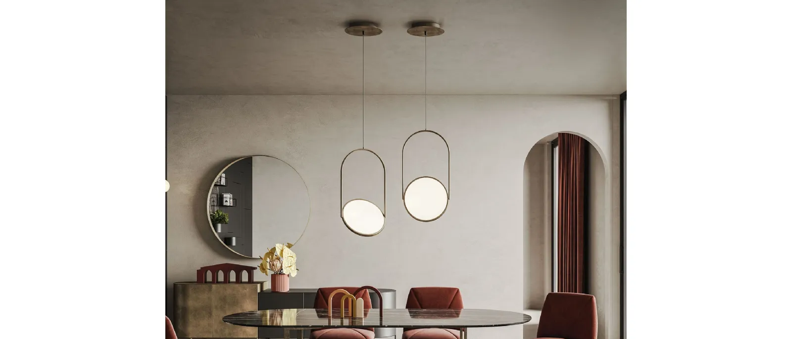 Lampada a sospensione Lift in metallo caratterizzata da una piastra circolare luminosa orientabile ed un design raffinato ed essenziale di Ronda Design