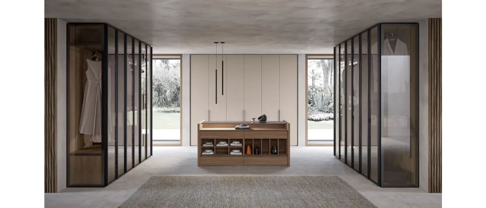 Armadio Atelier a vista con ante Crystal in vetro oppure con anta Low in laccato finitura Canapa di Adok