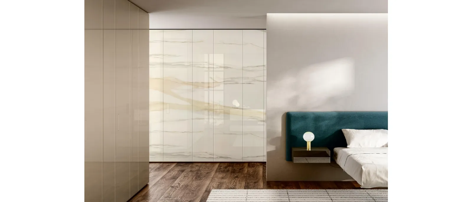Armadio con ante battenti modulare Flapp in vetro finitura Marble XGlass o Bianco di Lago