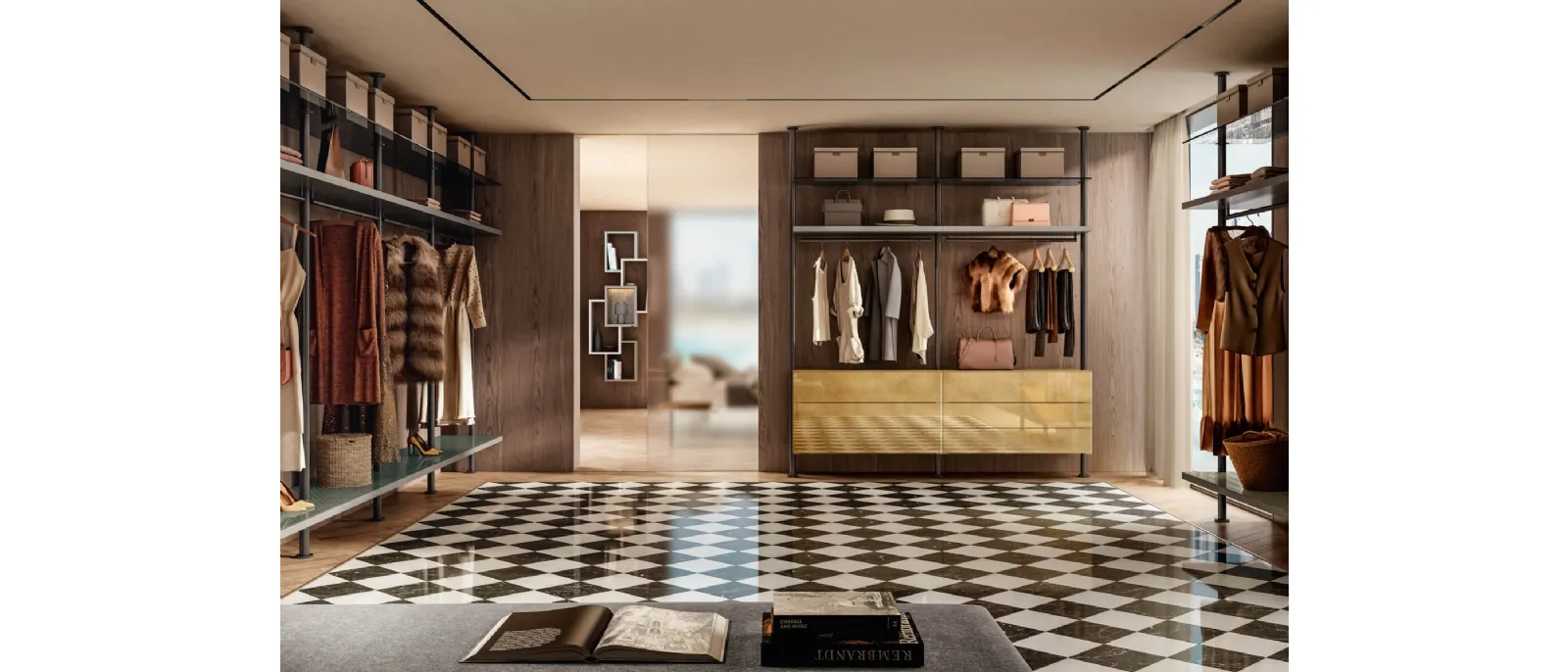 Cabina Armadio moderna in laccato opaco e vetro finitura Oro metallizzato Vista di Lago