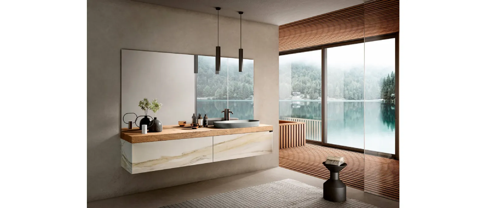 Mobile da Bagno sospeso Bathroom 1118 in vetro finitura effetto marmo con top in legno di Rovere di Lago