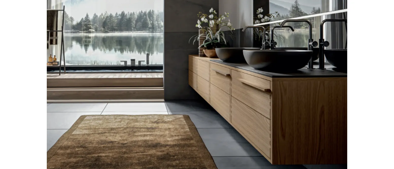 Mobile da Bagno sospeso in Castagno tinto Naturale con top in laminam Calce Nera Ade 001 di Edoné