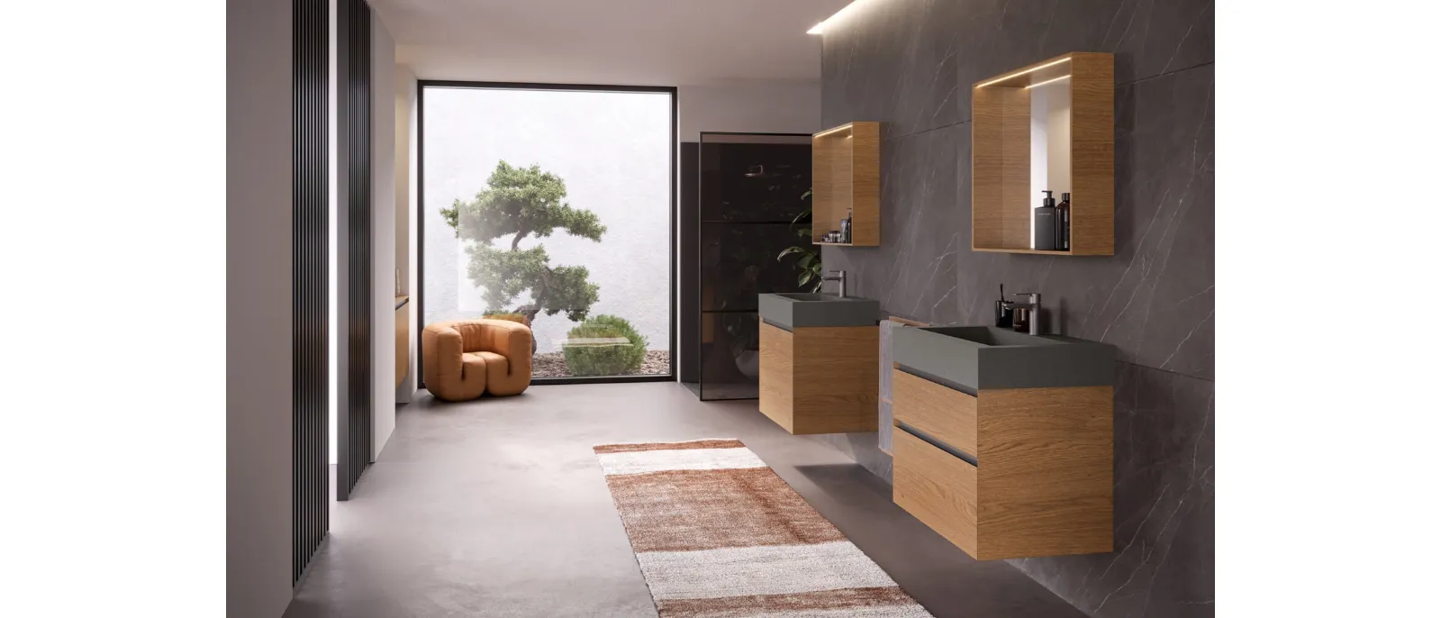 Mobile da Bagno sospeso in legno di Rovere tinto Cognac e Cemento Airy Edge 09 di RCR
