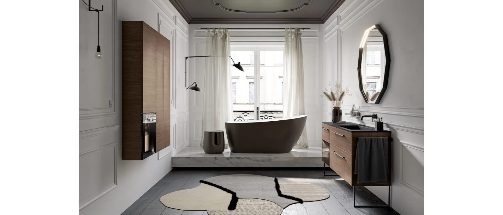 Mobile da Bagno a terra Airy Sistema 09 finitura Noce Oregon e Vetro di RCR