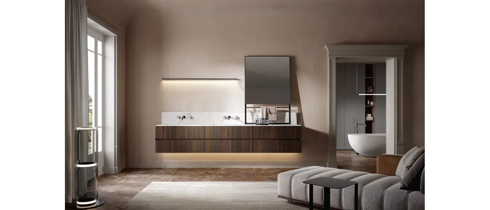 Mobile da Bagno sospeso Artemide 01 in rovere termotrattato di Edoné