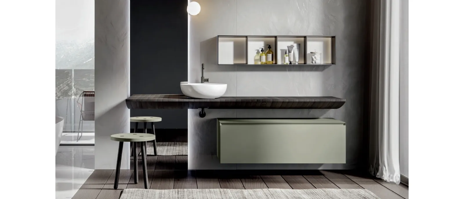 Mobile da Bagno sospeso in laccato opaco con consolle in castagno Chrono 007 di Edoné