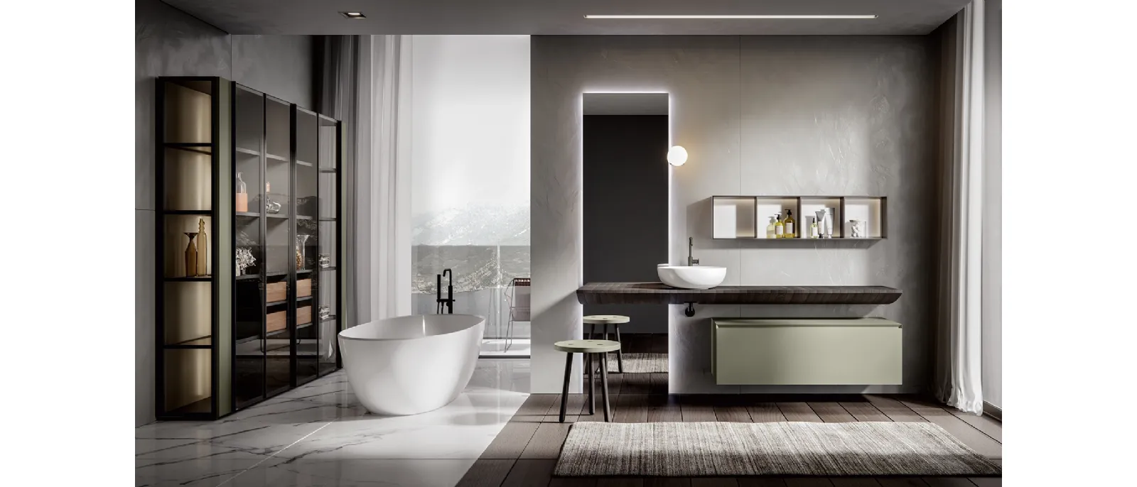 Mobile da Bagno sospeso Chrono 2302 laccato opaco Argilla con top Vela in Castagno tinto Fuliggine di Edoné