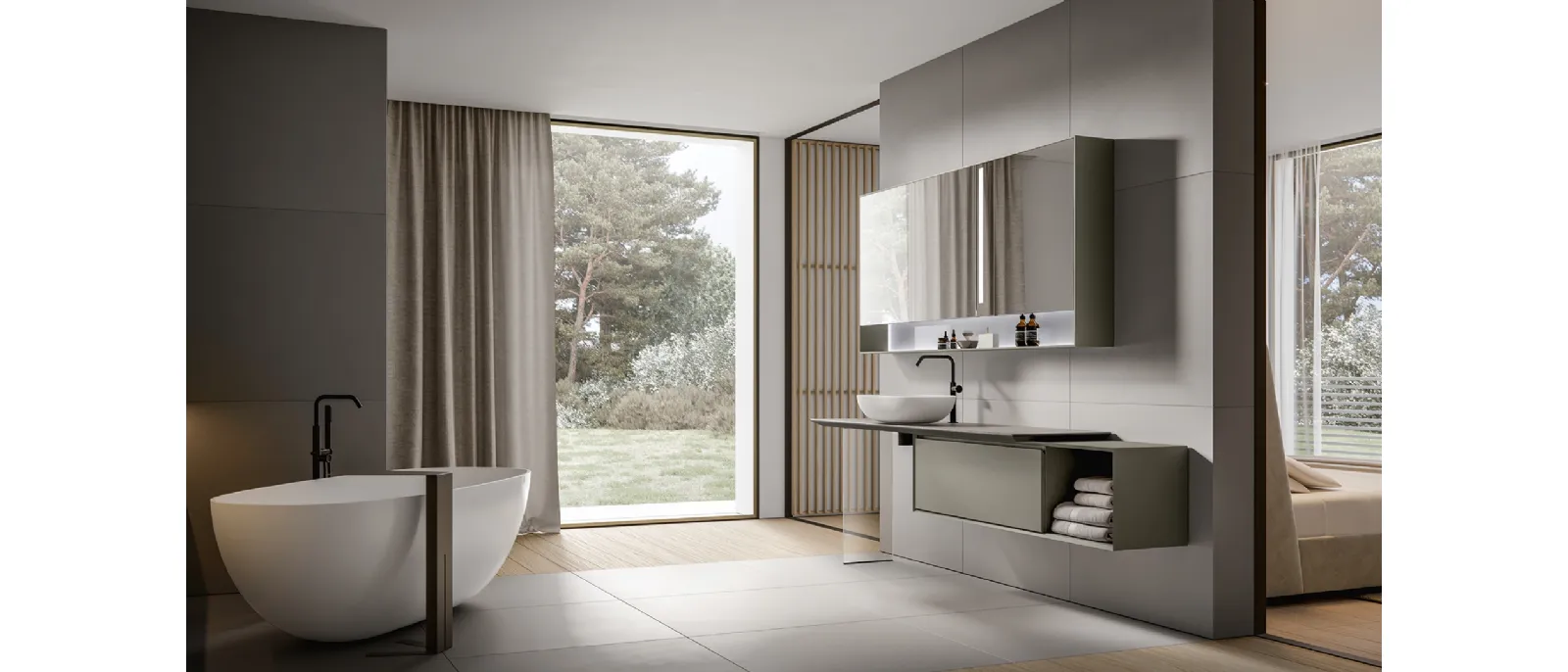 Mobile da Bagno sospeso Crio 2309 laccato opaco Talpa con top in Laminam Pietra Piasentina di Edoné