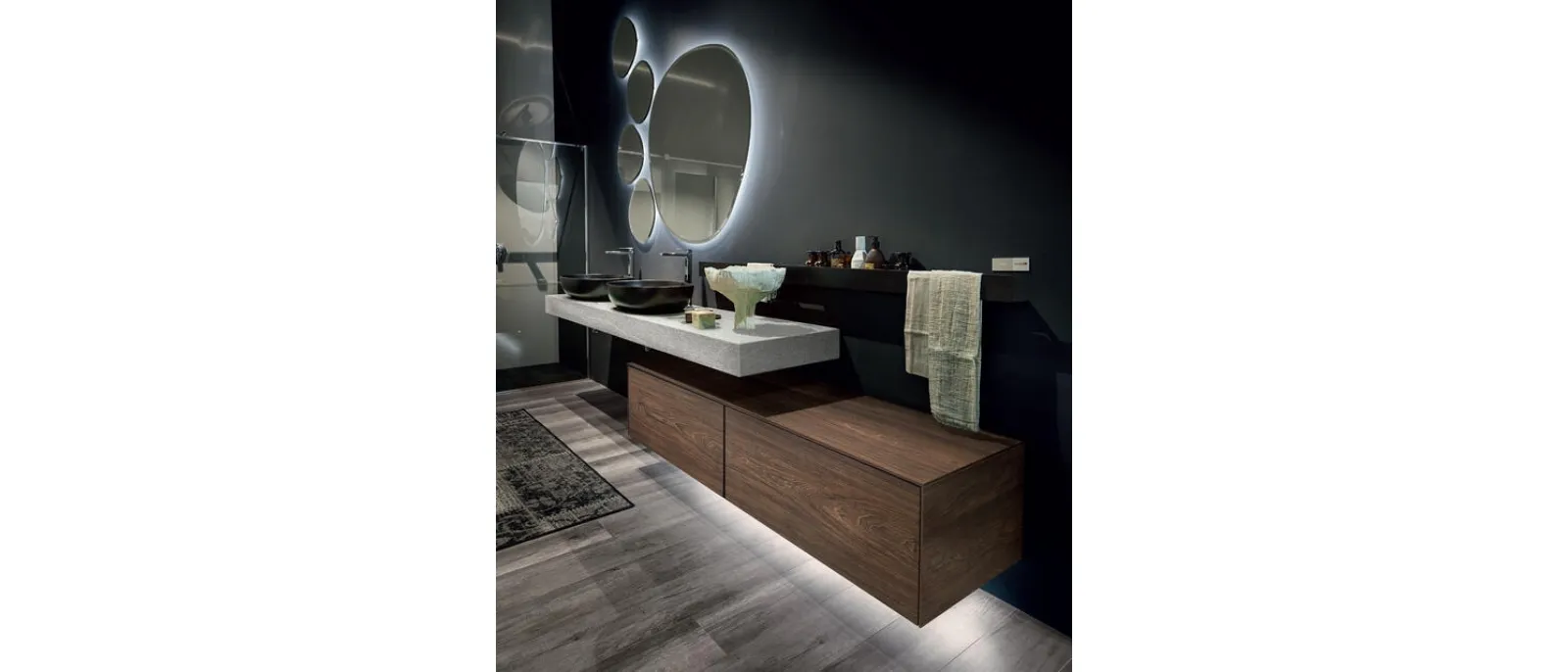 Mobile da Bagno sospeso in HPL olmo scuro e consolle in pietra piasentina Enea 002 di Edoné
