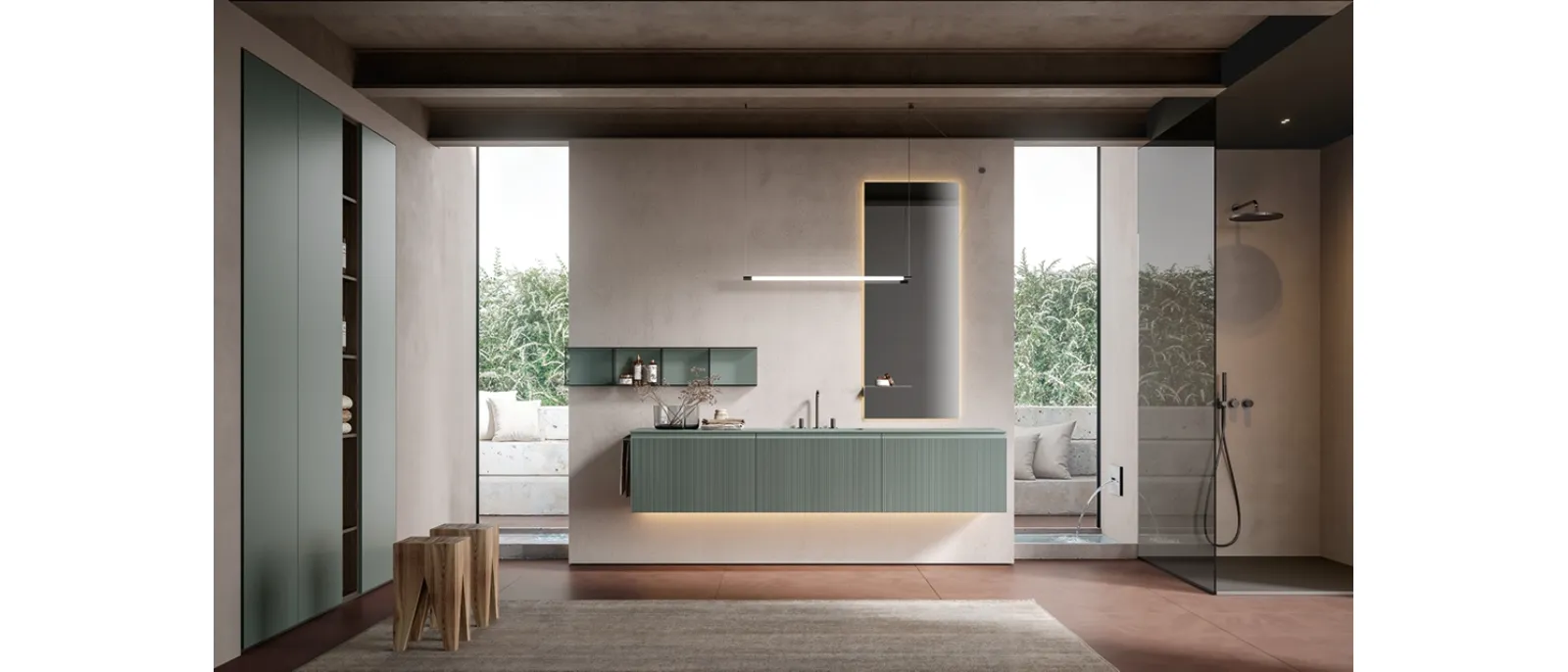 Mobile da Bagno sospeso Eros 03 in polimerico cannettato laccato lago di Edoné