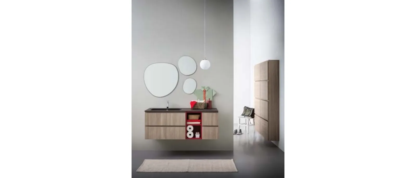 Mobile da Bagno sospeso in melaminico con vano a giorno in laccato rosso e top in mineral marmo Lapis 04 di Birex