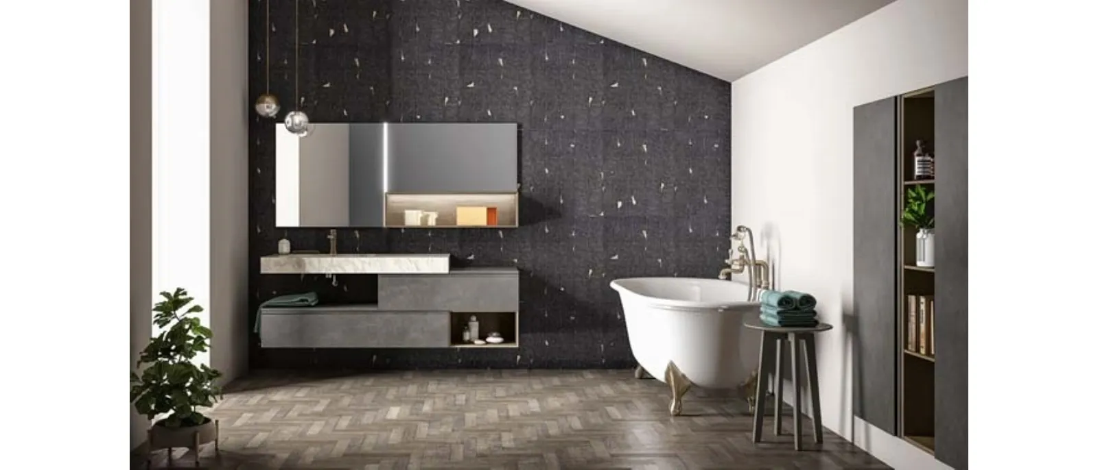 Mobile da bagno sospeso in laccato metallico e rovere con top in gres effetto marmo Memento 03 di Birex