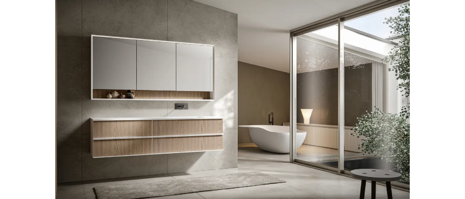 Mobile da Bagno Rea 009 in Castagno tinto Cumino con top in vetro extrachiaro sabbiato Diamante di Edoné