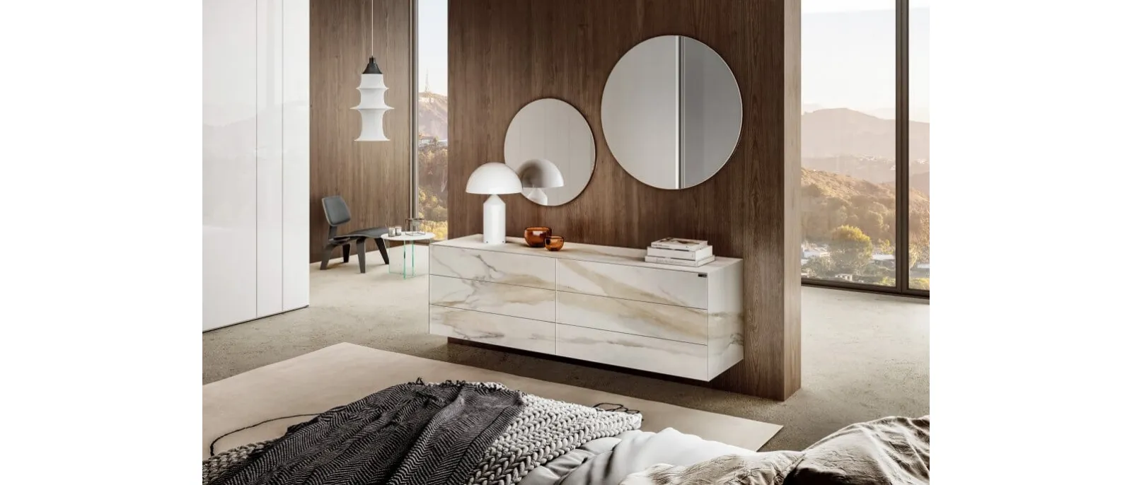 Comò Materia 1060 in vetro finitura effetto marmo Calacatta Gold di Lago