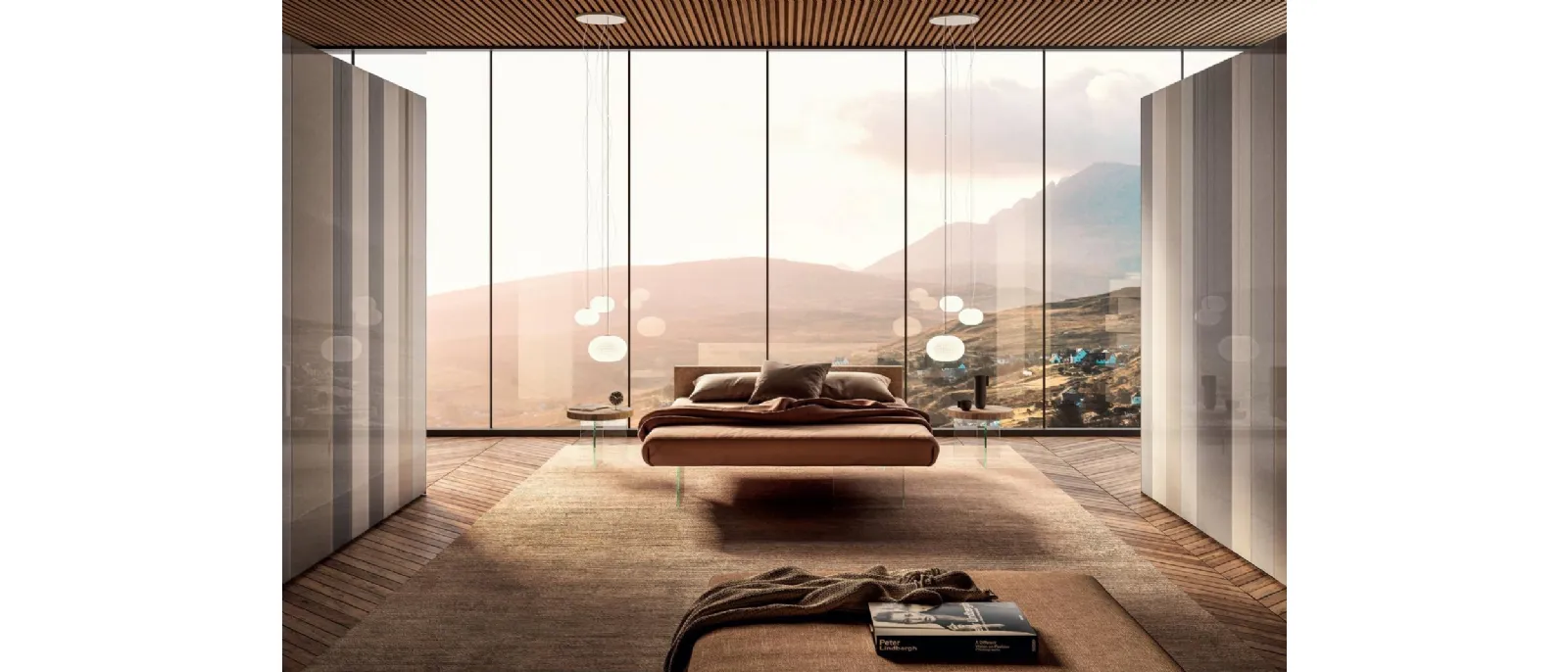Letto Air 1501 in tessuto imbottito con base in vetro di Lago