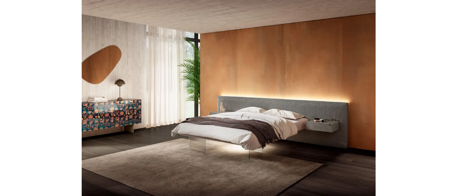 Letto Air con elegante Testiera in tessuto illuminata con luci a LED di Lago