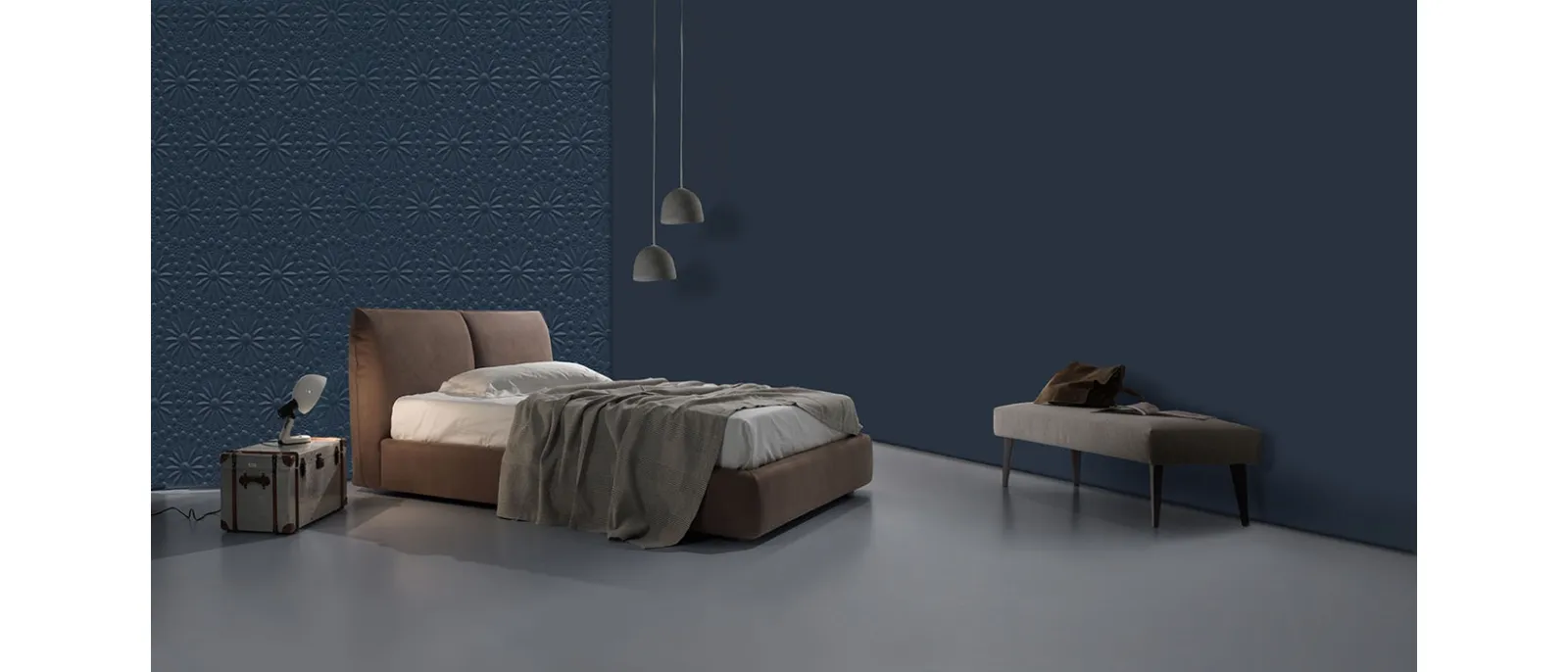 Letto imbottito in pelle scamosciata con giroletto Assido di Excò