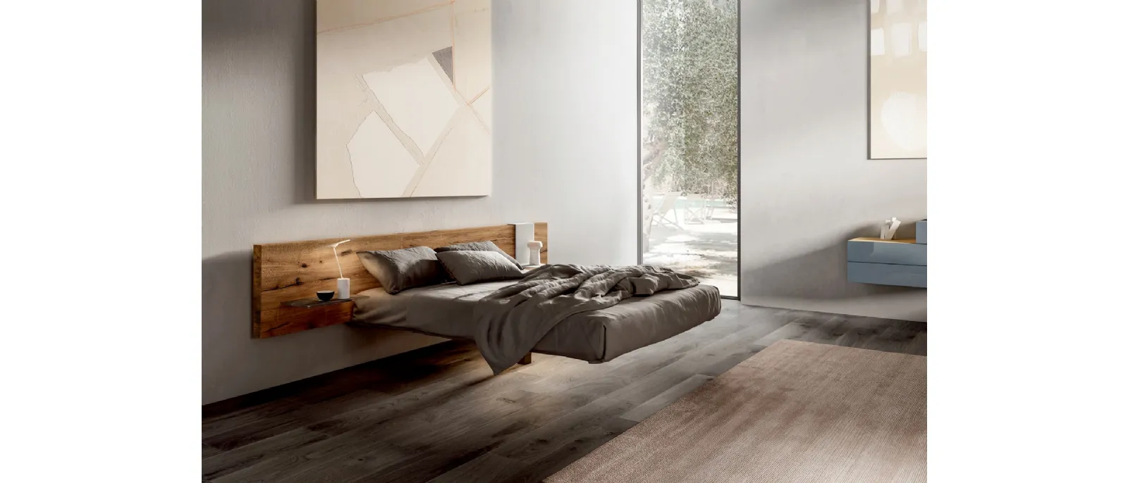 Letto di design sospeso con testiera in legno centenario Fluttua Wildwood di Lago