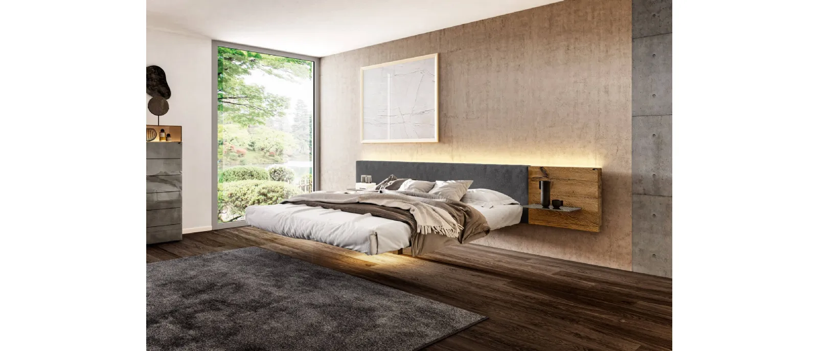 Letto di design sospeso con testiera in legno centenario rivestita parzialmente in tessuto con luci a LED Fluttua Wildwood di Lago