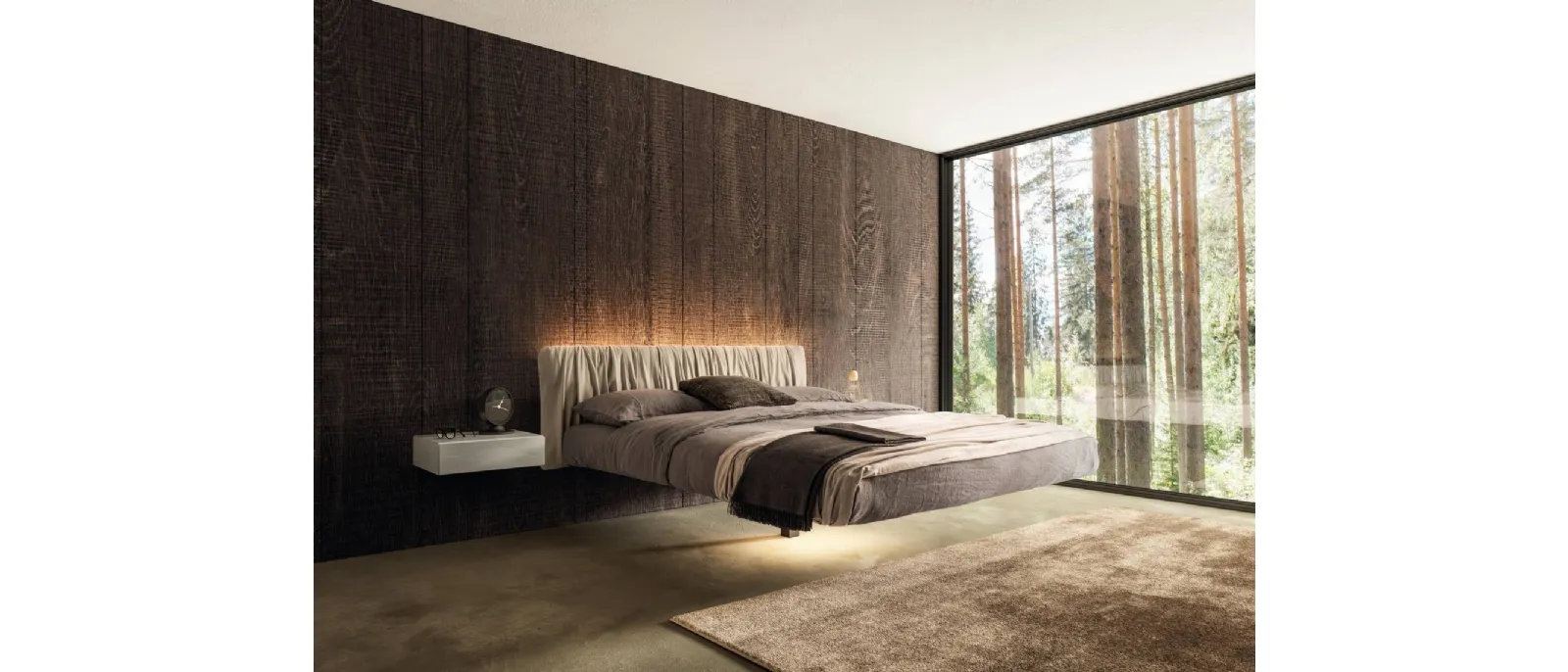 Letto sospeso Fluttua 1631 con testiera in pelle plissettata di Lago