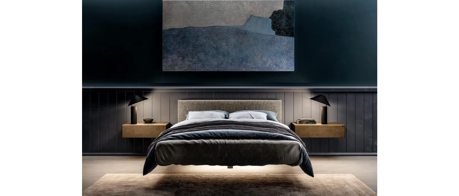 Letto sospeso con testiera bassa in tessuto imbottito Fluttua di Lago