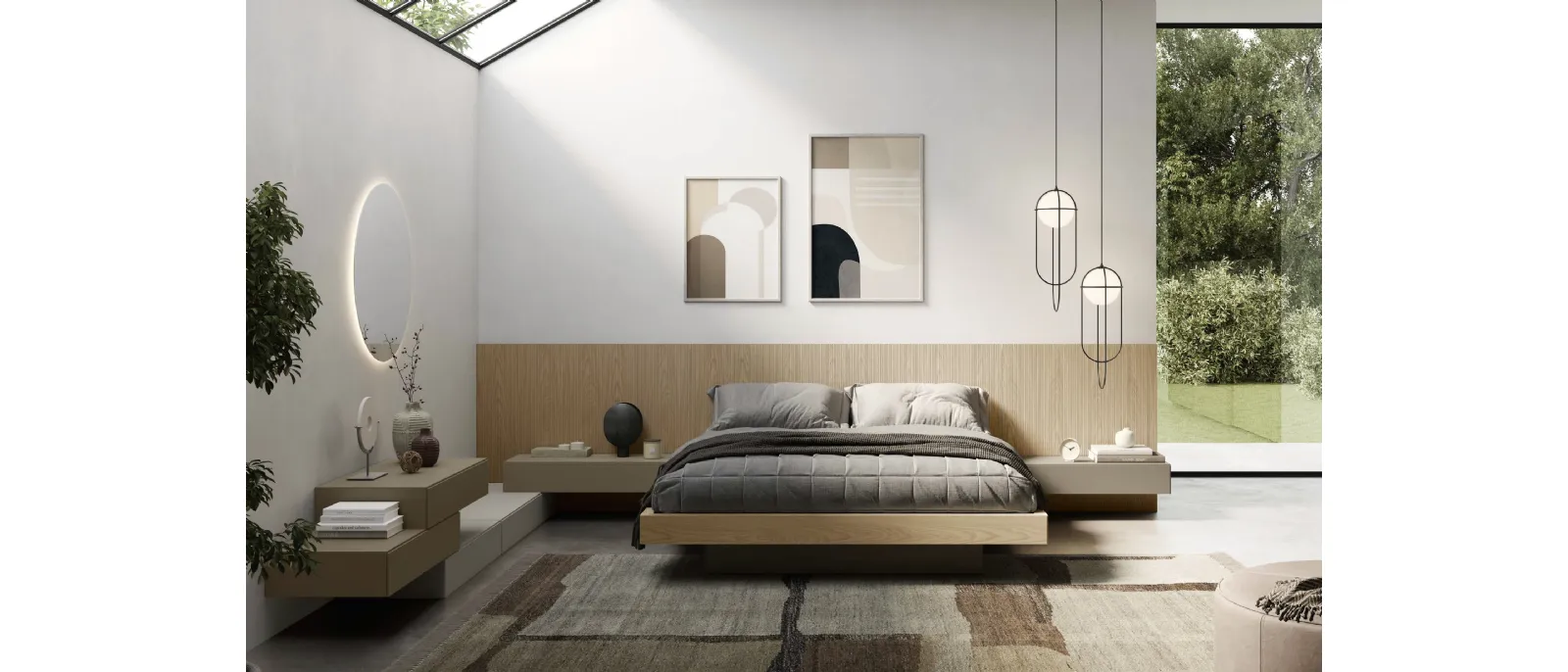 Letto Plan in legno con testiera boiserie a righe di Fimar