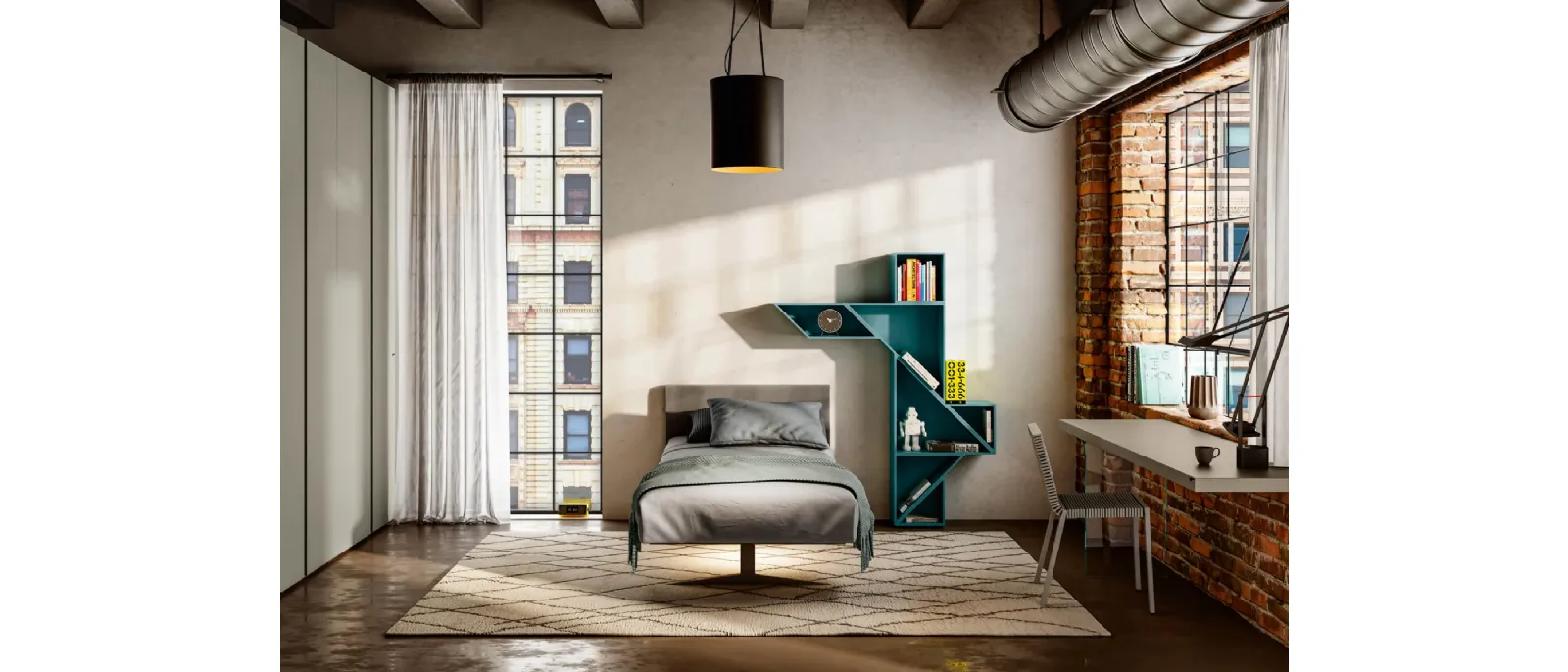 Letto Singolo con testiera in tessuto e due gambe in metallo Steel di Lago