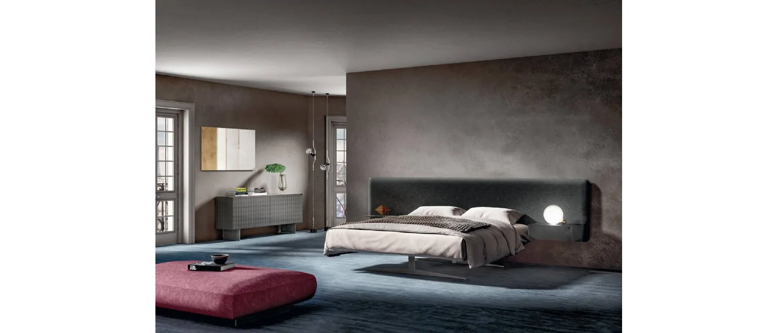 Letto Steel 1747 con testiera in velluto imbottito di Lago