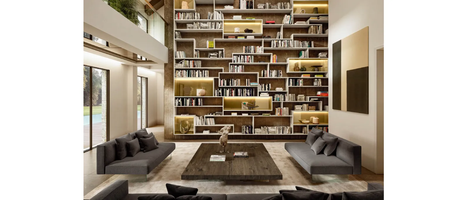 Libreria LagoLinea a tutta parete in laccato opaco e vetro di Lago