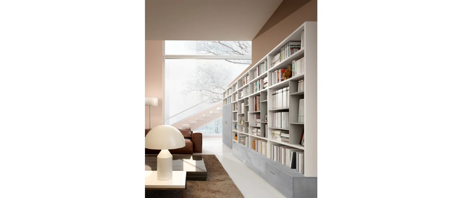 Libreria a muro Living 78D con vani a giorno e ante in materico effetto cemento di Ferrimobili