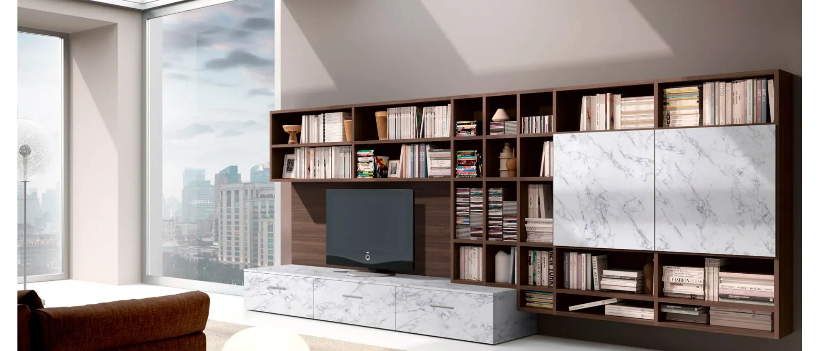 Libreria Living 81D con ante in materico effetto marmo bianco di Carrara e vani a giorno in legno di Olmo di Ferrimobili