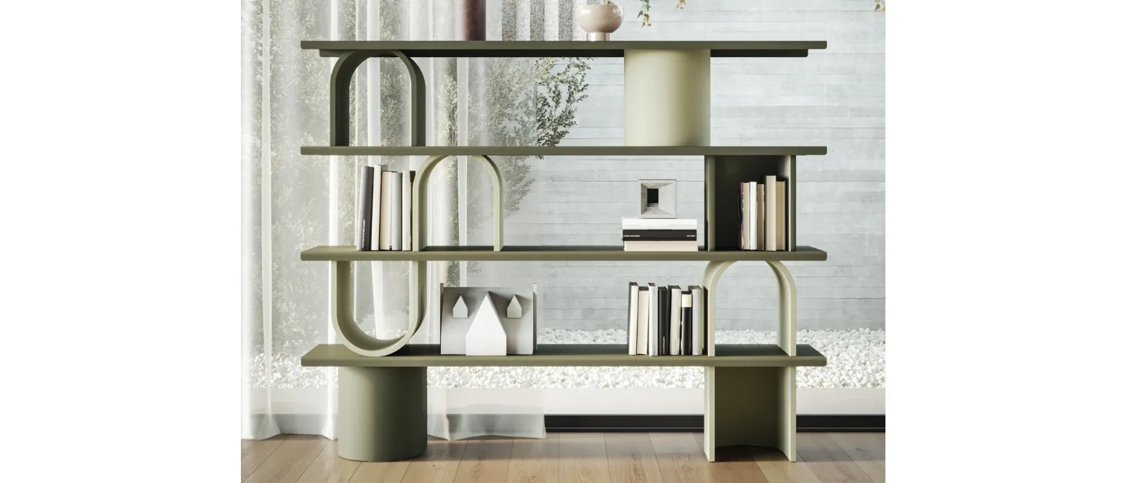 Libreria divisoria Libera Round in legno laccato con ripiani in metallo di Ronda Design
