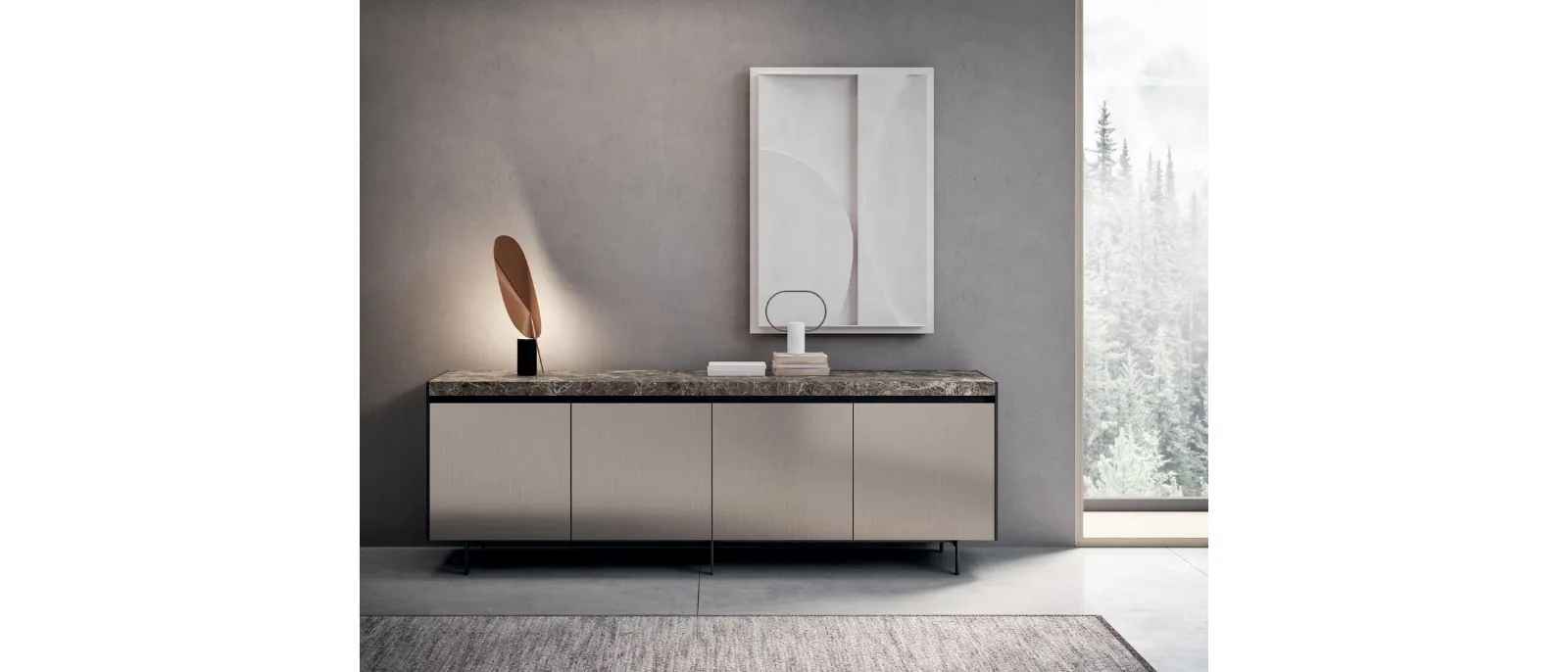 Madia Bluna Tech in finitura alluminio champagne e top in gres di Binova