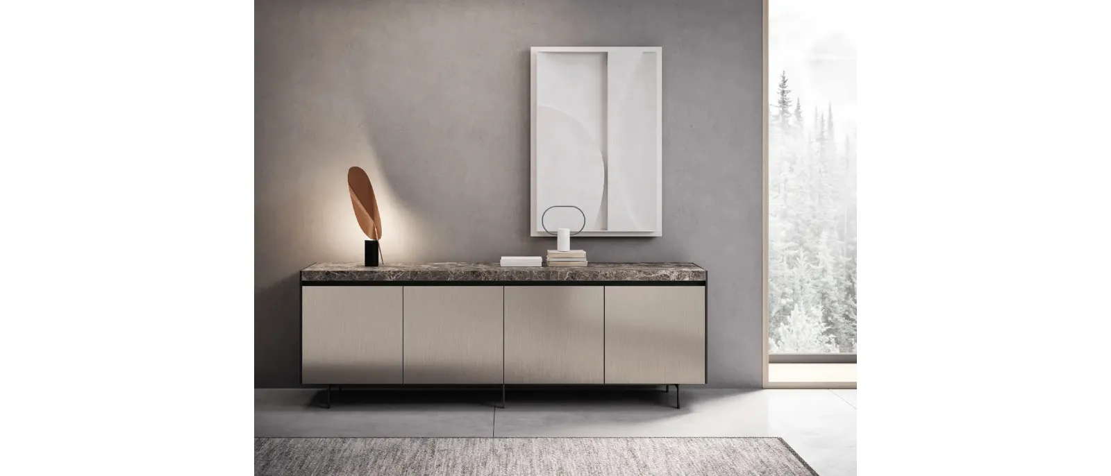 Madia Bluna Tech in finitura alluminio champagne e top in gres di Binova