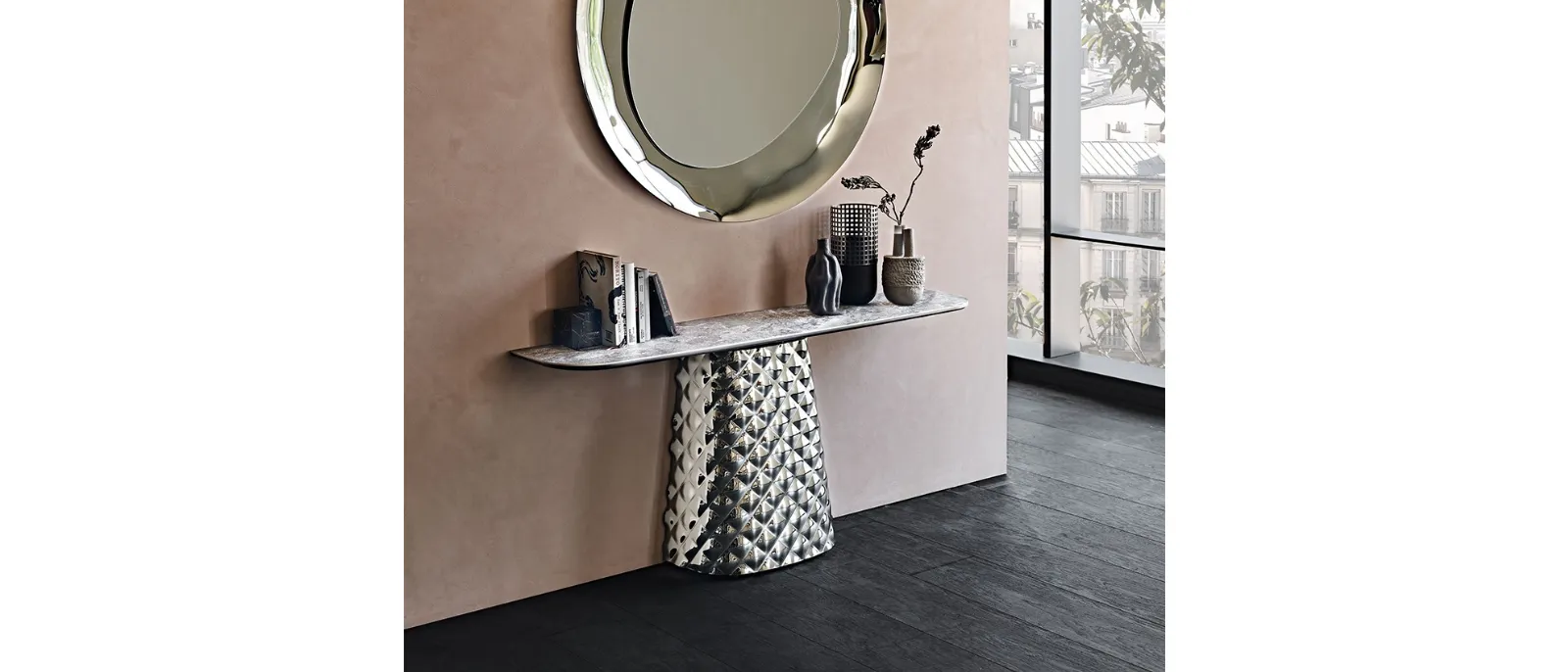 Consolle con piano in ceramica e base in cristallo specchiato Atrium Keramik di Cattelan Italia