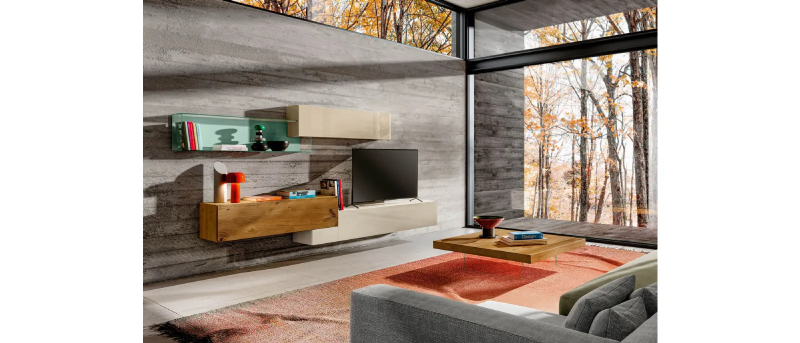 Parete Attrezzata 36e8 Colorata in Vetro e Legno di Lago