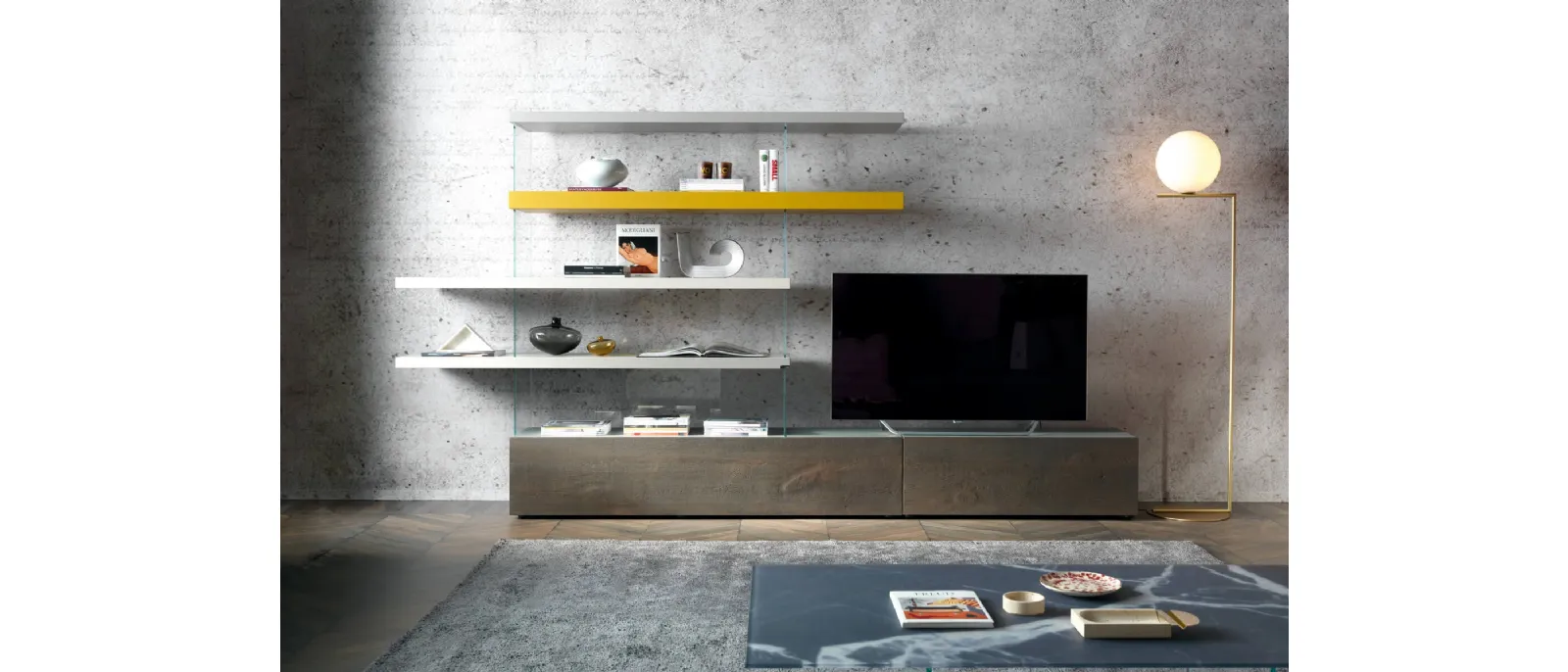 Parete Attrezzata Air 0693 in legno di Rovere Grigio, laccato e vetro di Lago