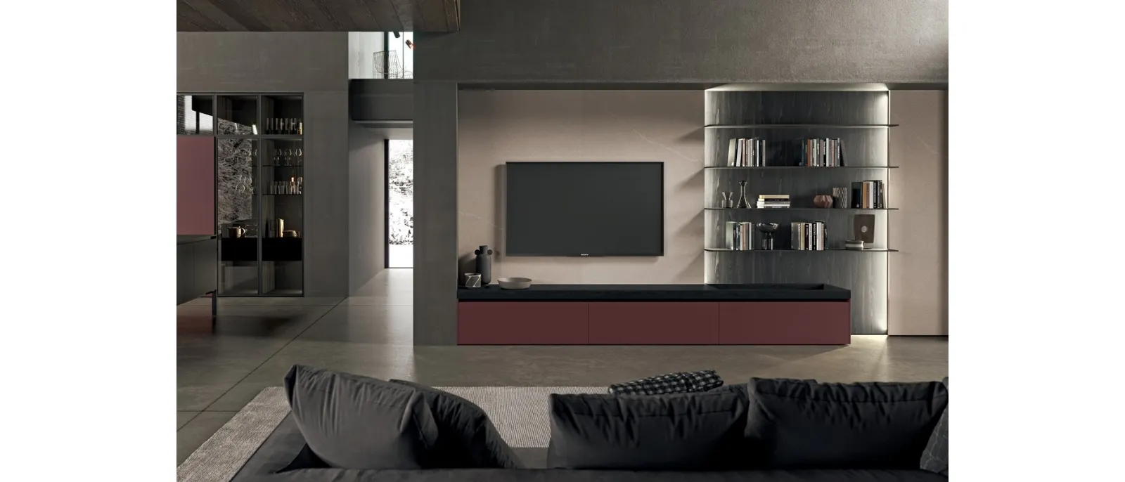 Parete Attrezzata in laminato fenix rosso jaipur e bilaminato finitura Rovere Terranera Regula di Binova