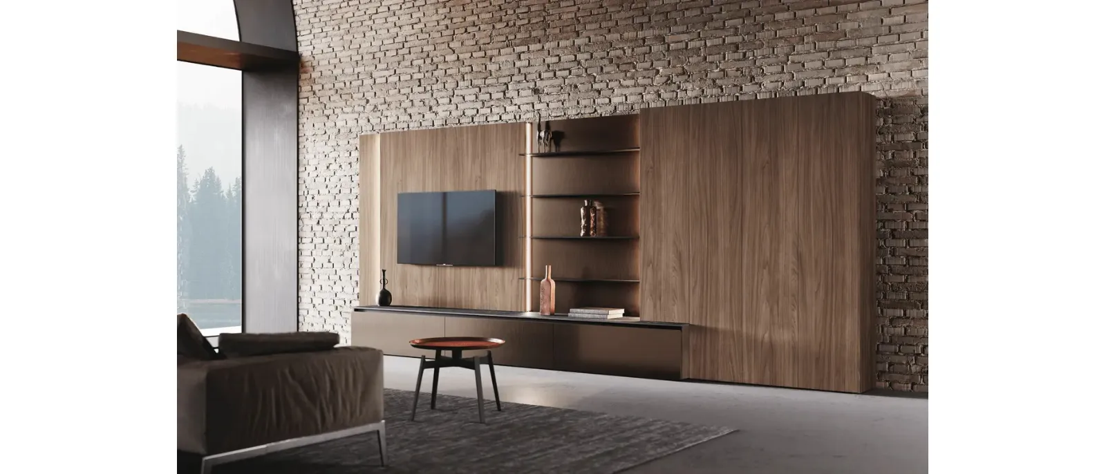 Parete Attrezzata Bluna Tech in finitura alluminio brunito e legno di Binova