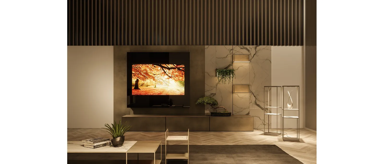 Parete Attrezzata con sistema boiserie verticali in ceramica e legno Caddy Materika di Ronda Design