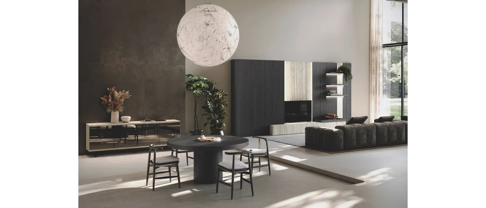Parete Attrezzata Lab Gres in bilaminato legno rovere black e gres di Binova