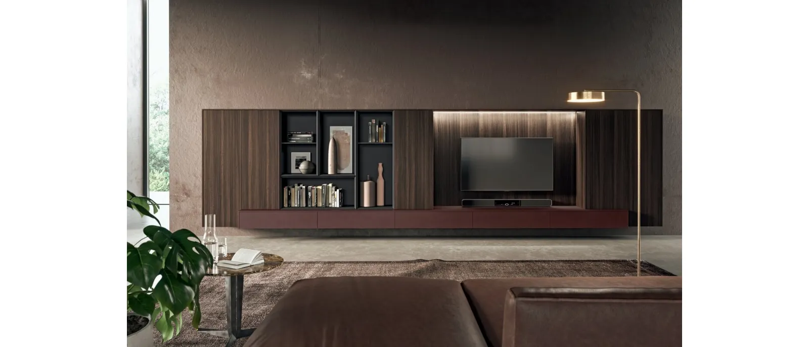 Parete Attrezzata in bilaminato legno rovere fumè e laccato metal amaranto Vogue Metal di Binova