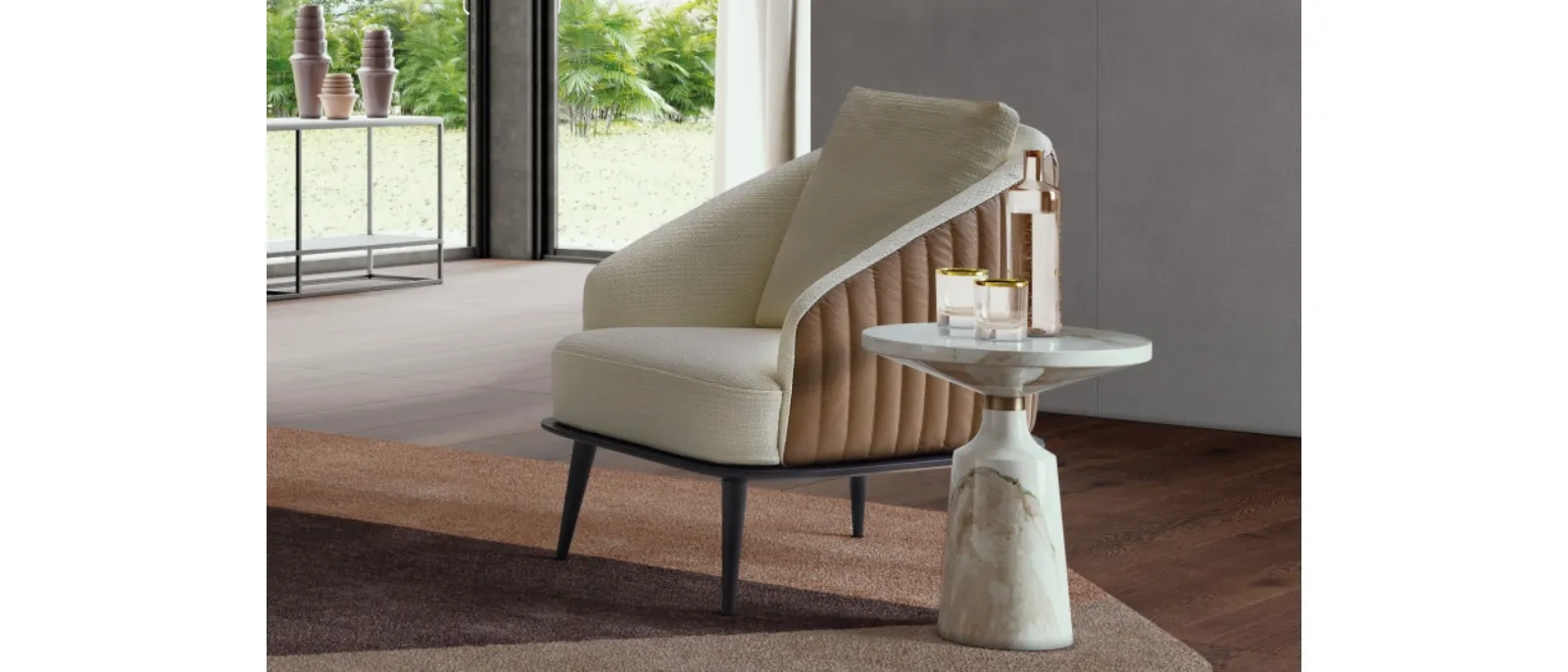 Poltrona in tessuto con schienale trapuntato in pelle Lala di Le Comfort