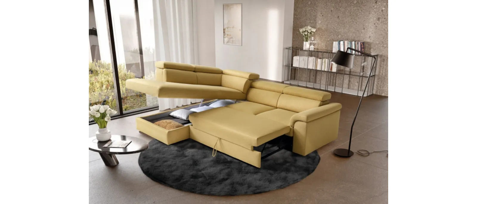 Divano angolare Alessandra trasformabile in letto matrimoniale con box contenitore di Le Comfort
