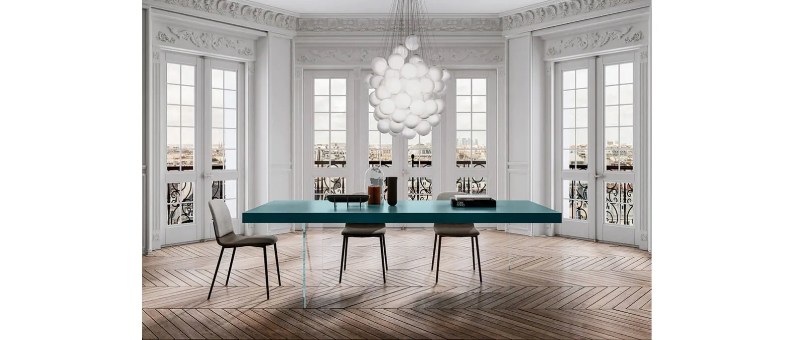 Tavolo Air Air 2170L Laccato color Ottanio con base in vetro di Lago