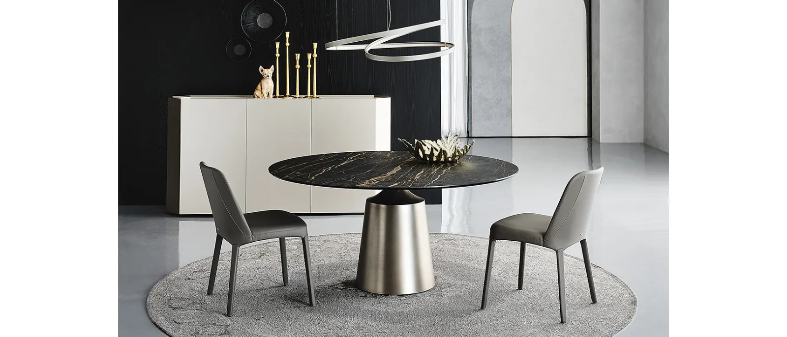 Tavolo rotondo con base monolite in acciaio verniciato e piano in ceramica Yoda Keramik di Cattelan Italia