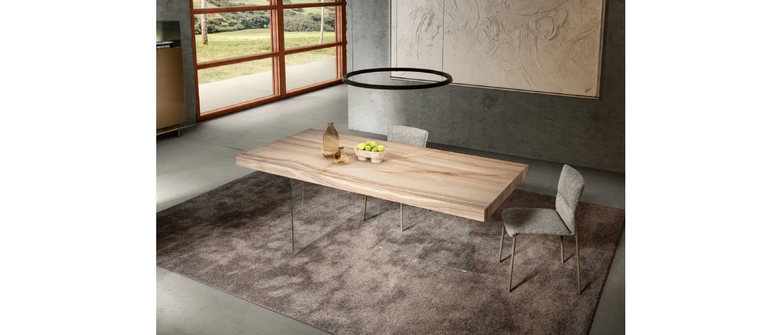 Tavolo monolitico Air XGlass 8 cm in vetro con top effetto marmo di Lago