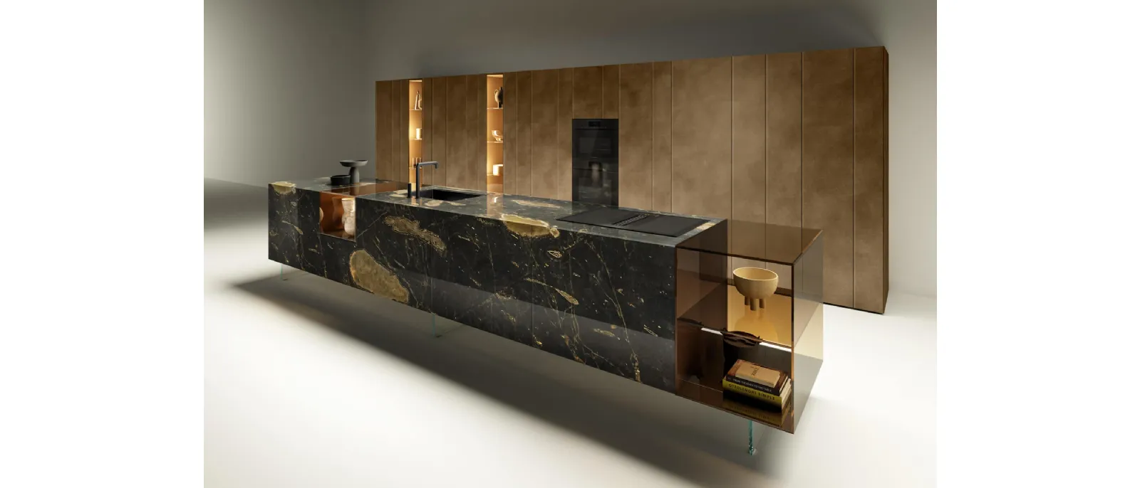 Cucina Design lineare monolitica 36e8 Glass in vetro finitura effetto marmo Geode con teche in vetro Fumé Bronzo di Lago