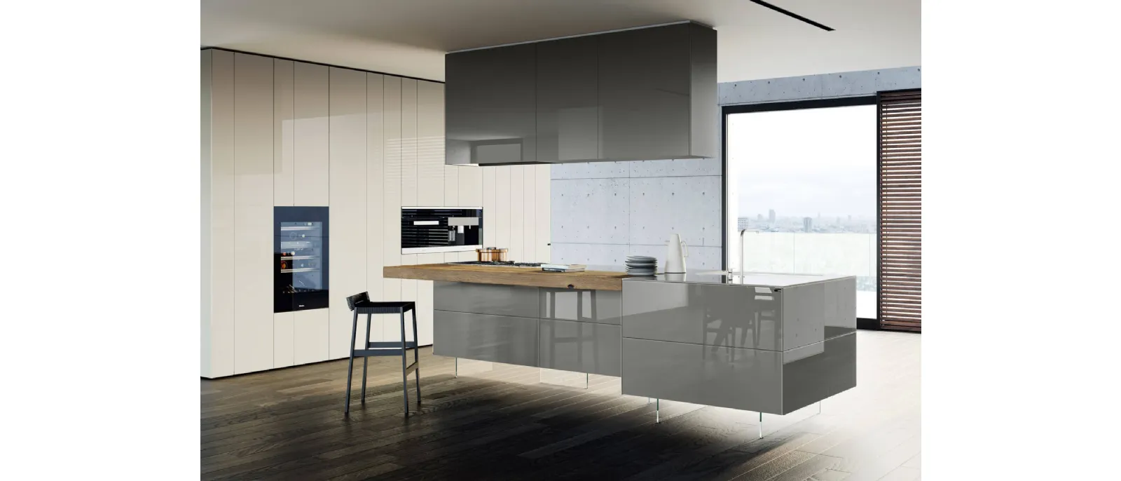 Cucina Design 36e8 1097 con isola in vetro laccato Grigio lucido con piano in legno di Rovere centenario di Lago