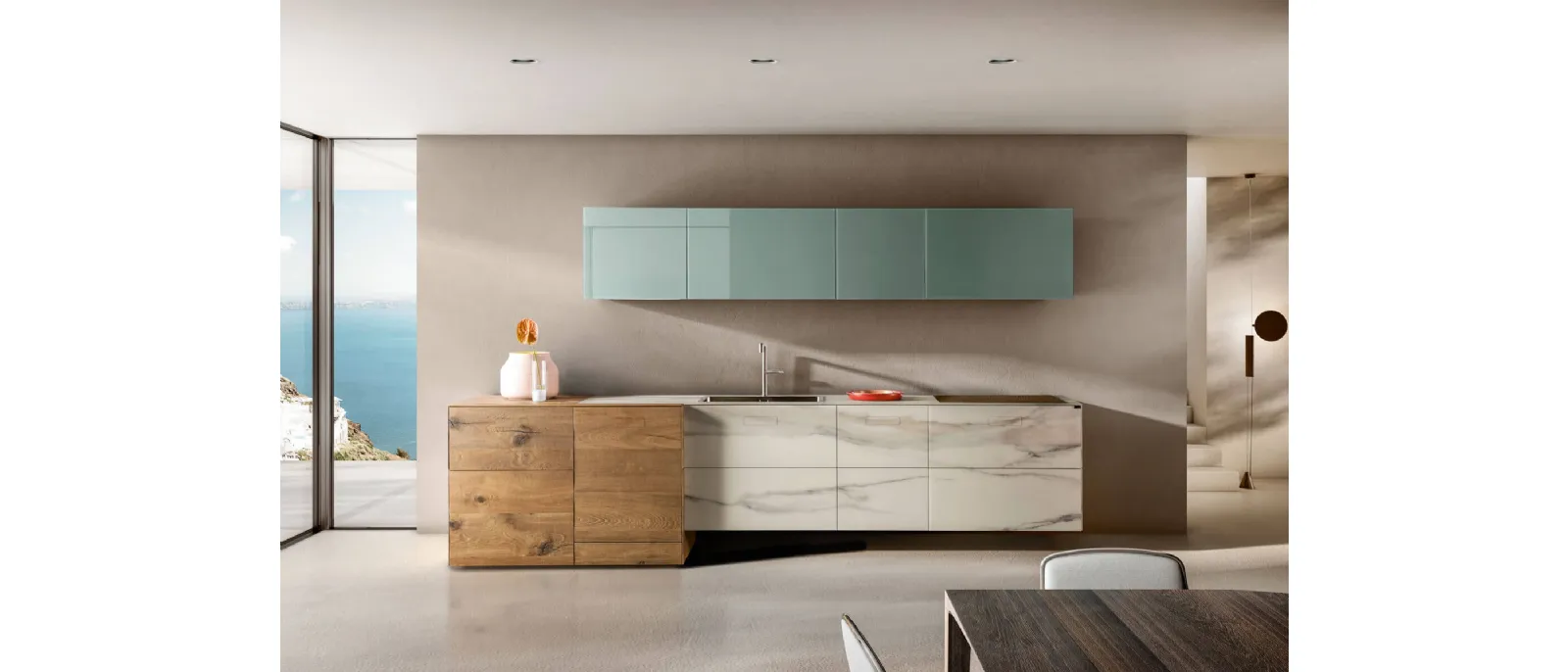 Cucina Design lineare 36e8 Marble XGlass Calacatta Gold e Rovere con pensili in vetro laccato di Lago